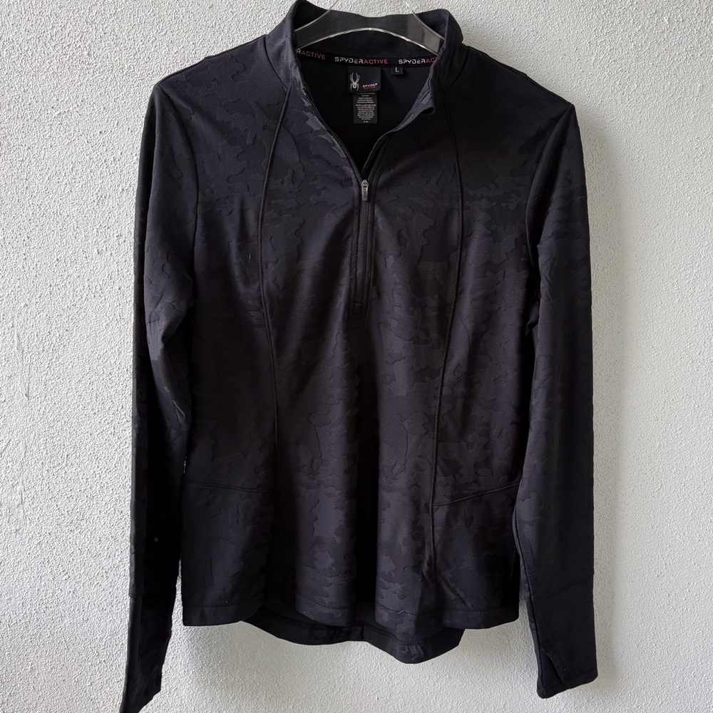 Spyder Active Large Black Jacquard 1/4 Zip Curved Hem Thumb Holes Activewear
